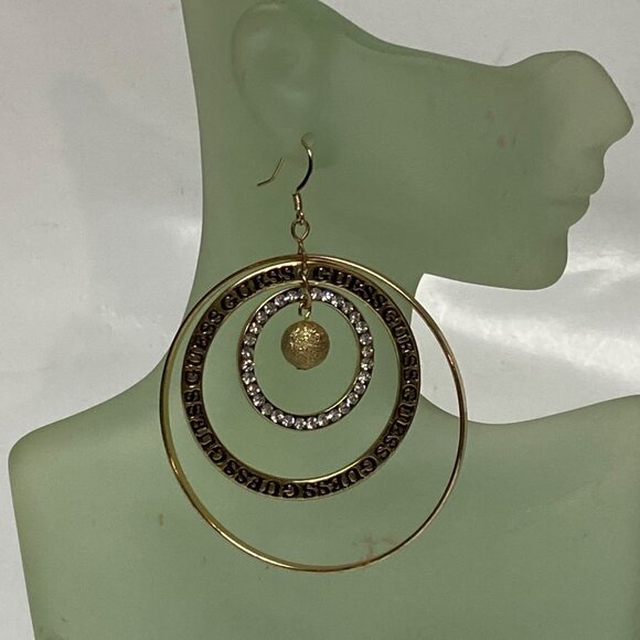 Gold-Tone Guess Triple Circle Drop‎ Earrings With Rhinestones NWT - Picture 3 of 4